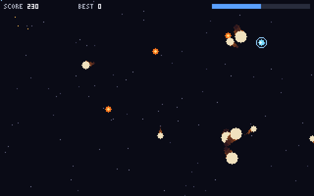 A ship among comets and glowing embers on a starfield