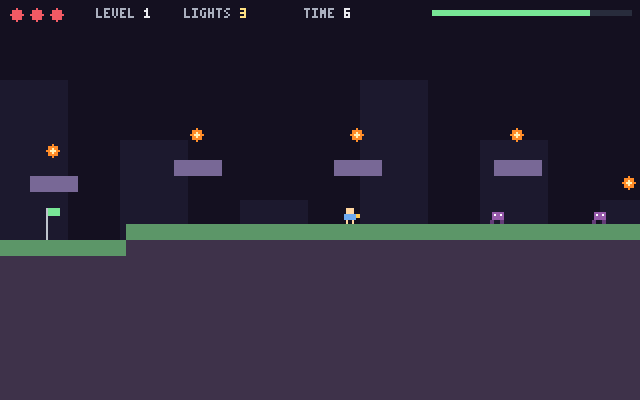 A small character running through a cavern of platforms with lights to collect