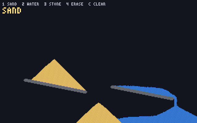 Sand piles and flowing water settling over stone ledges