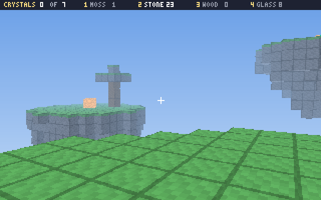 A first-person view of grassy floating islands made of blocks